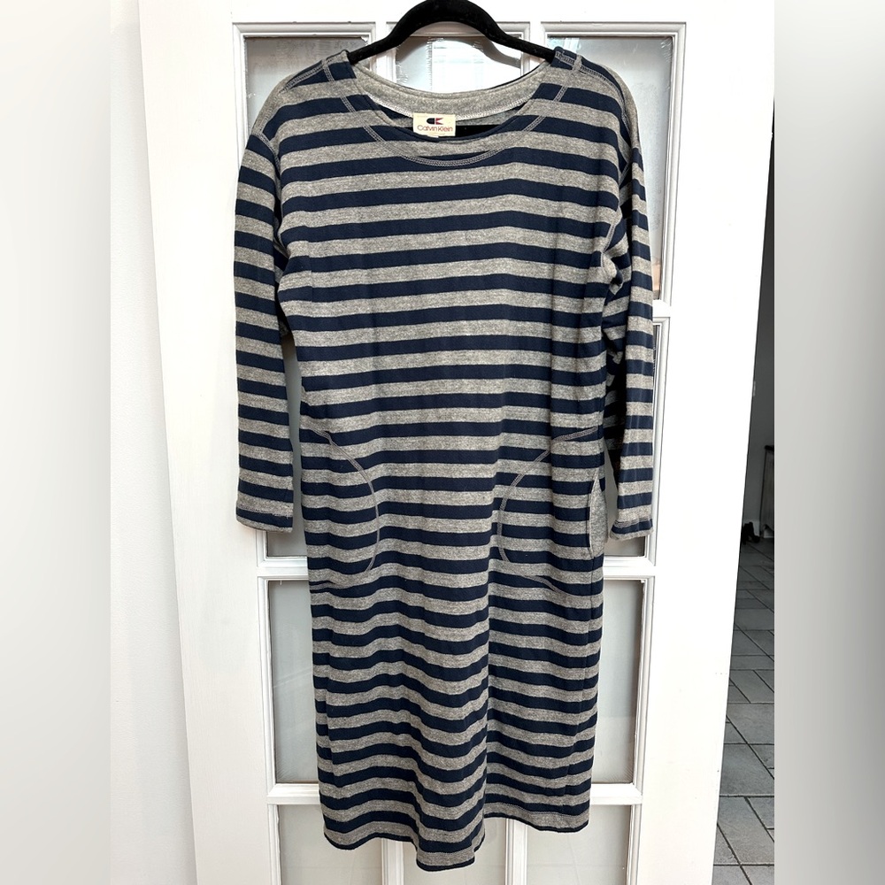 Vintage 80’s Calvin Klein Striped Navy & Gray Sweater Midi Dress Size Large L